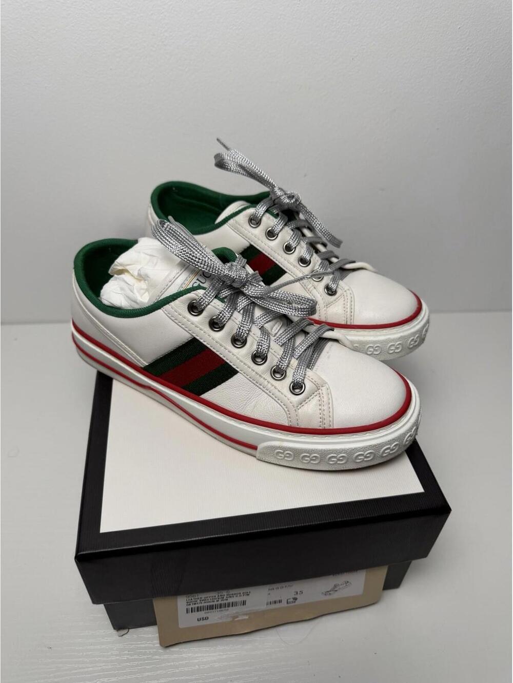Gucci Tennis 1977 Web Stripe Sneakers Women’s EU 35 White Leather w Box